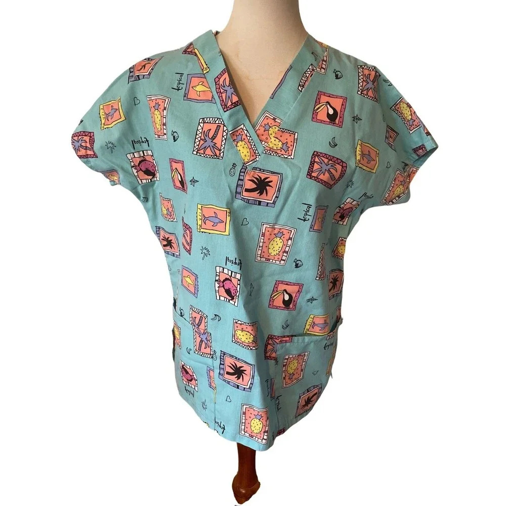 Carols uniforms Womens Medical Scrub Top Sz S Pockets Nurse Tropical Dental Vet